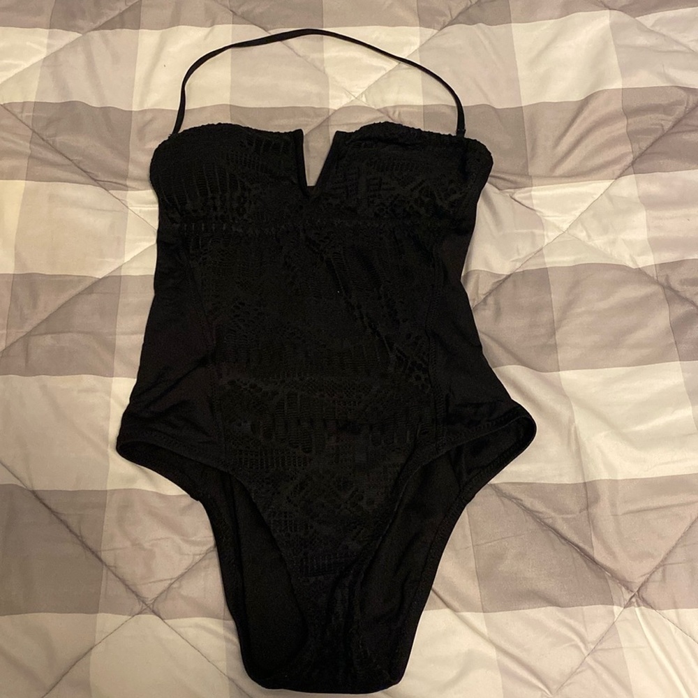 Black crochet one piece with cut outs in the back